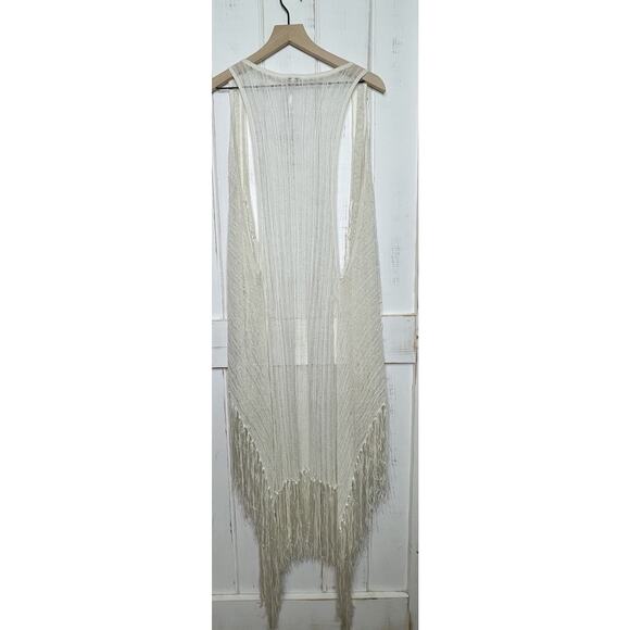 Free People Linen Blend Coastal Boho Cowgirl Gypsy Duster Fringe Long Vest S - Picture 2 of 6